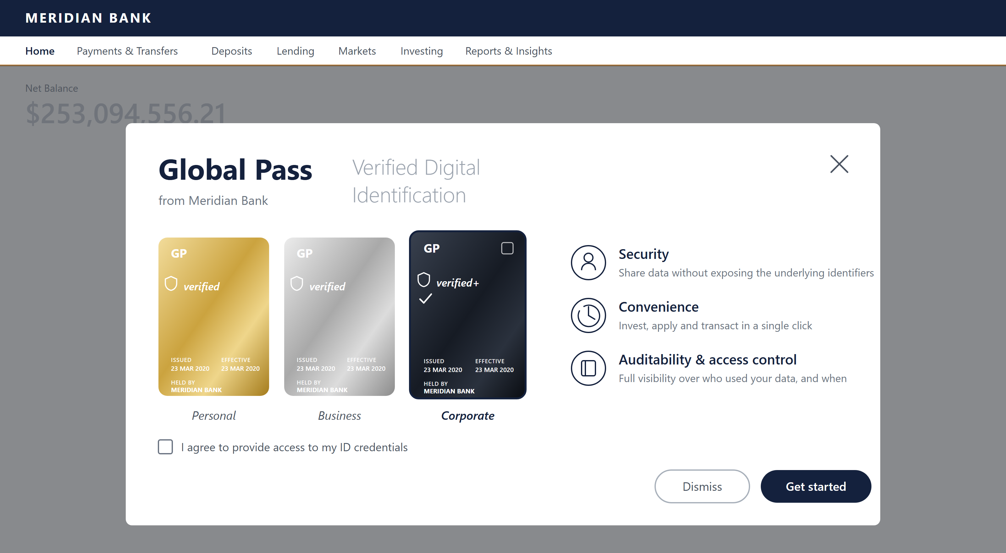Global Pass credential screen showing the Personal, Business and Corporate tiers as physical-looking cards, with the security, convenience and auditability benefits stated alongside an explicit consent checkbox